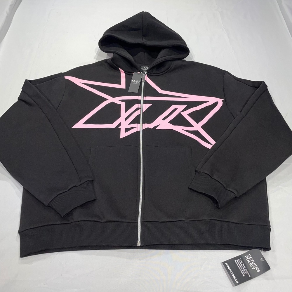 BoohooMAN‎ Mens Black Pink Star Graphic Full Zip Hoodie Sweatshirt Large NWT
